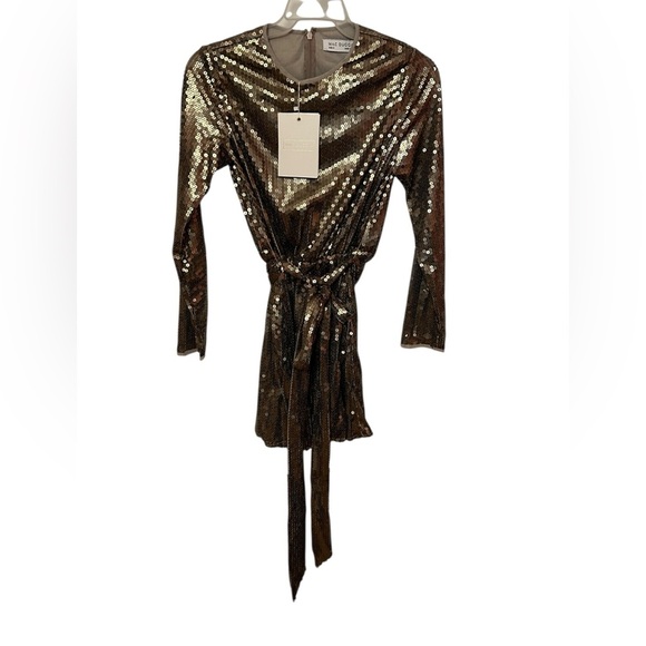 NWT Mac Duggal Sequin Tie Waist Mini Dress in Taupe size 8 - Picture 6 of 11
